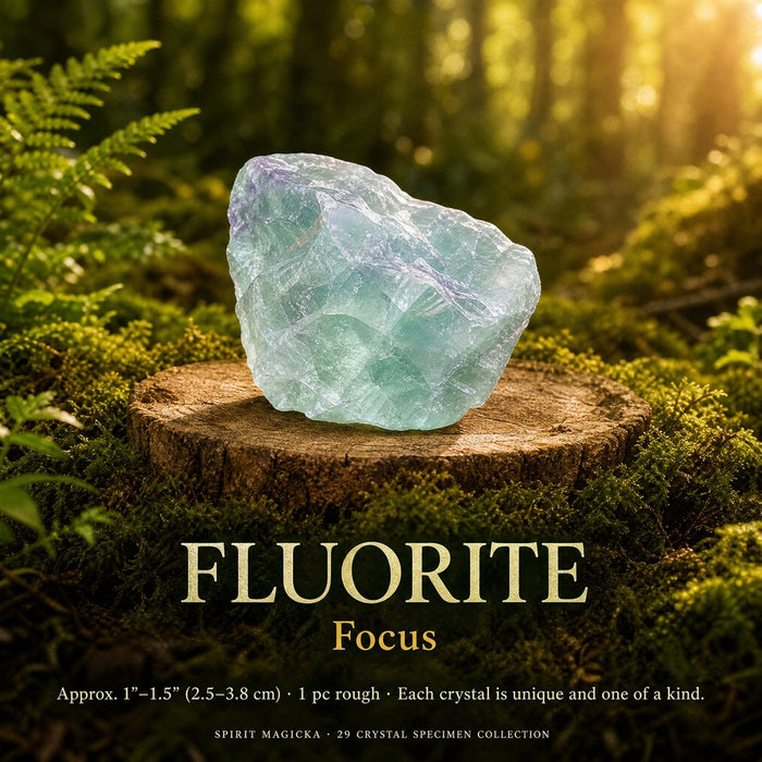 Rough sea-green fluorite with purple edges on a wood stump