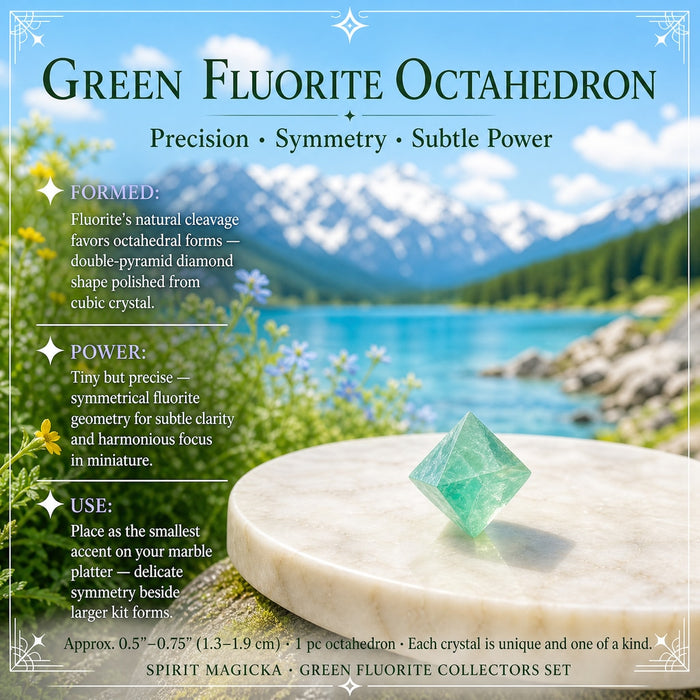 A tiny green fluorite octahedron balanced on the edge of a marble disc