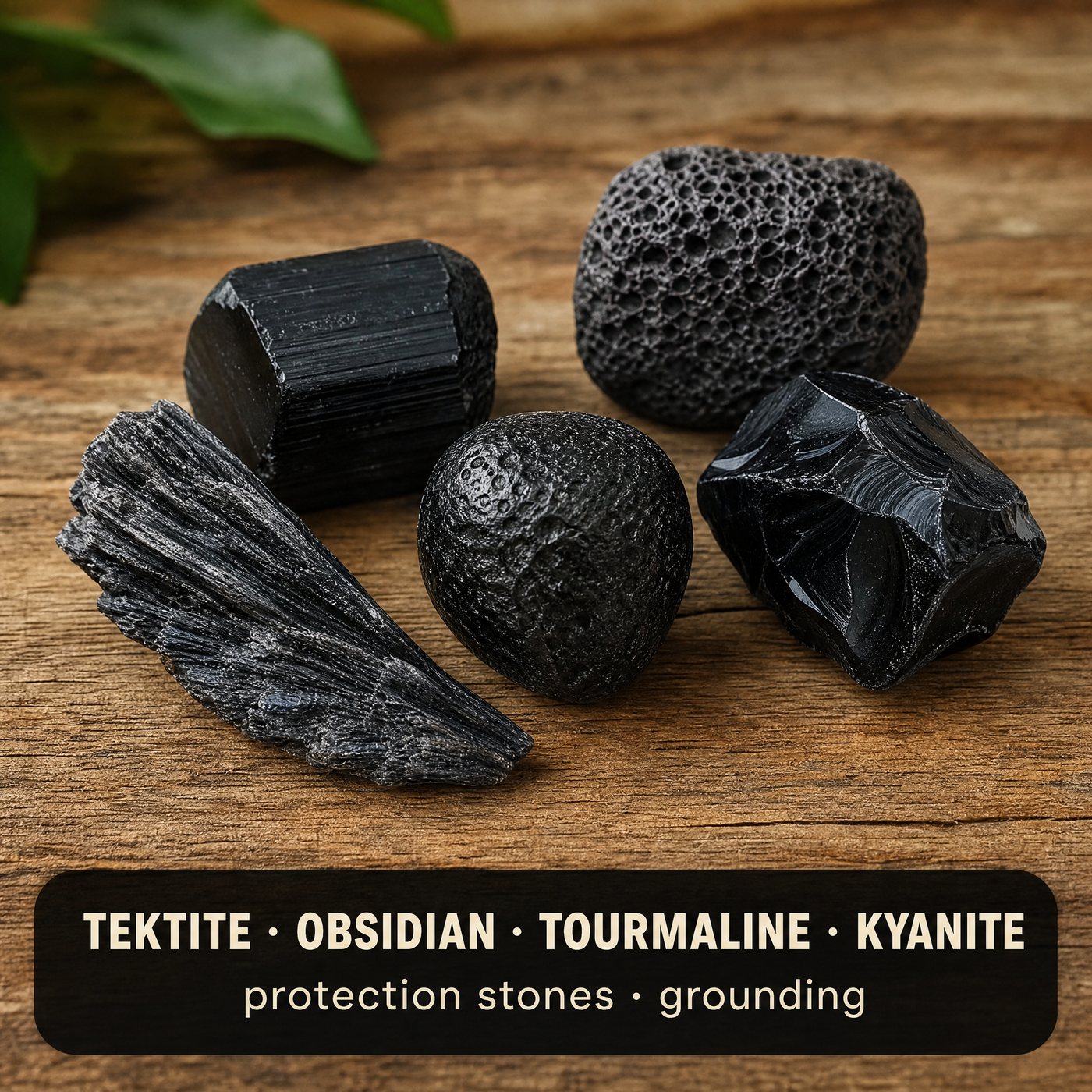 Tektite, obsidian, tourmaline, volcanic rock, and black kyanite — protection stones