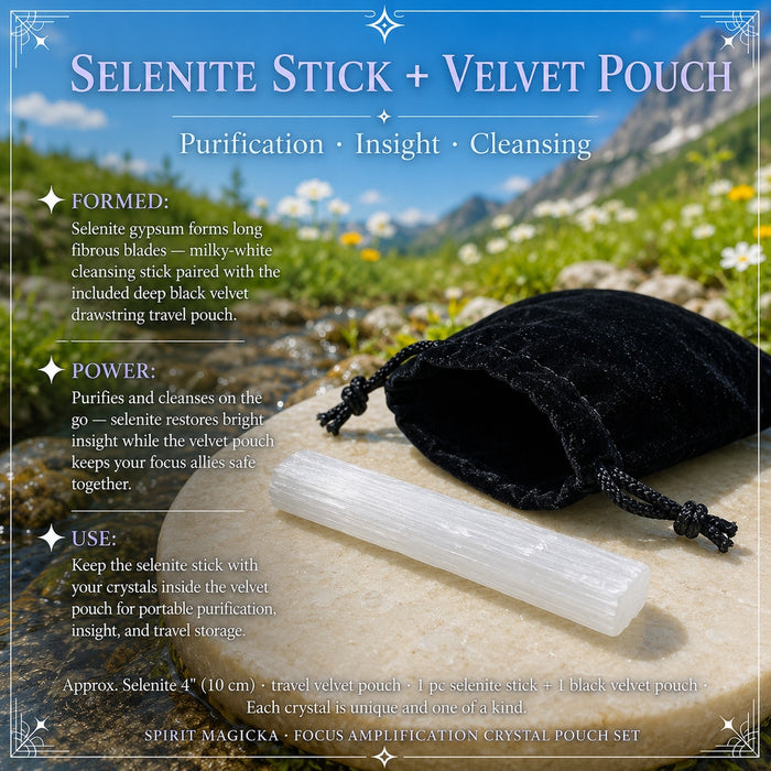 Milky-white selenite stick in front of a black velvet drawstring pouch