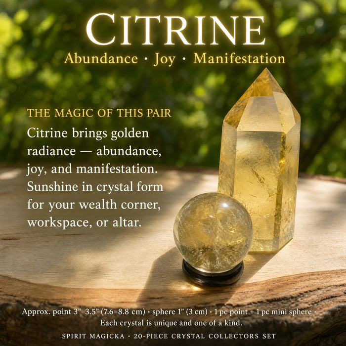 A citrine point beside a citrine mini sphere
