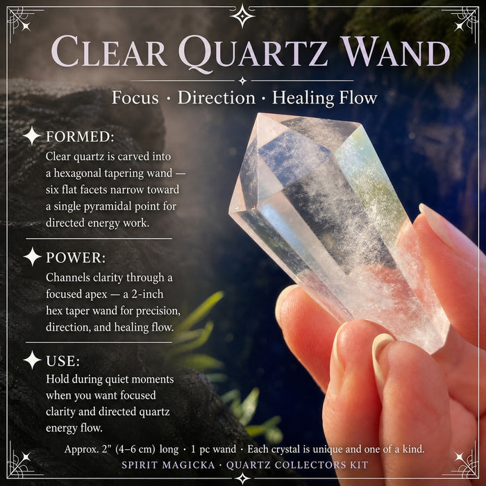 A small faceted clear quartz wand held between finger and thumb
