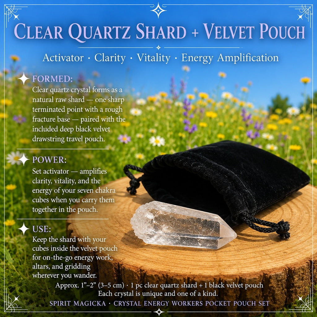 Clear quartz shard with one terminated point lying in front of a black velvet drawstring pouch