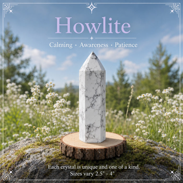 Howlite crystal point, white with grey veining