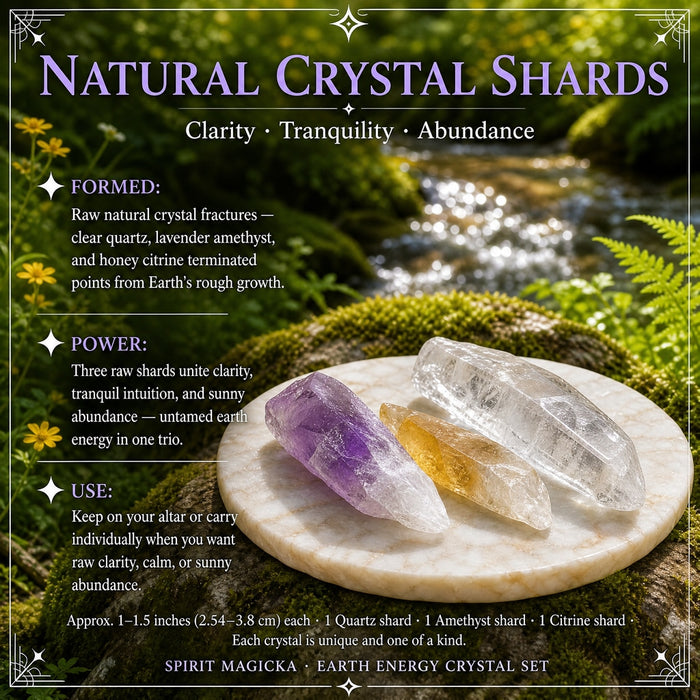Three natural crystal shards side by side: purple amethyst, golden citrine and clear quartz