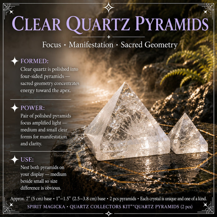 A medium and a small clear quartz pyramid side by side on dark stone