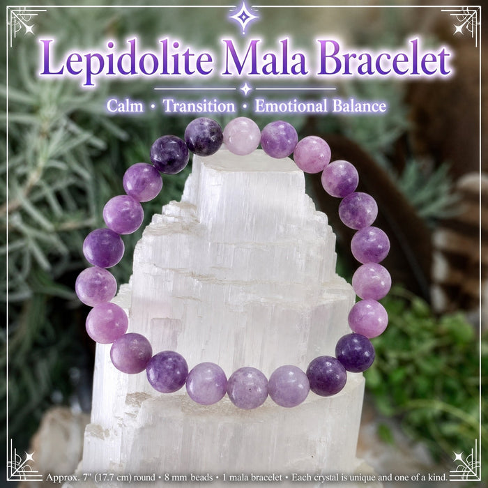 Lilac lepidolite bead mala bracelet on a selenite tower