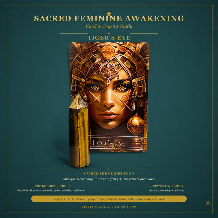 Tiger eye point beside its Tiger Eye goddess oracle card