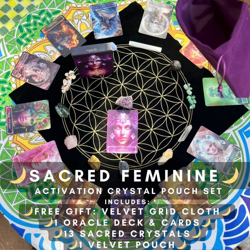 🌙13 Crystals Sacred Feminine Crystals & Oracle Cards - Velvet Pouch Set - PLUS BONUS GIFT - 1 DAY SPECIAL - FREE Velvet Gridding Cloth