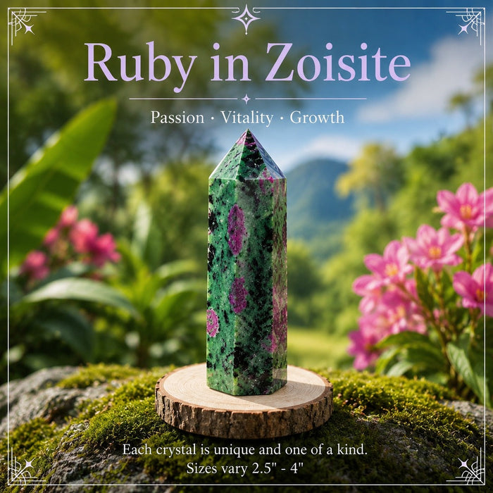 Ruby in Zoisite crystal point, green with pink-red patches