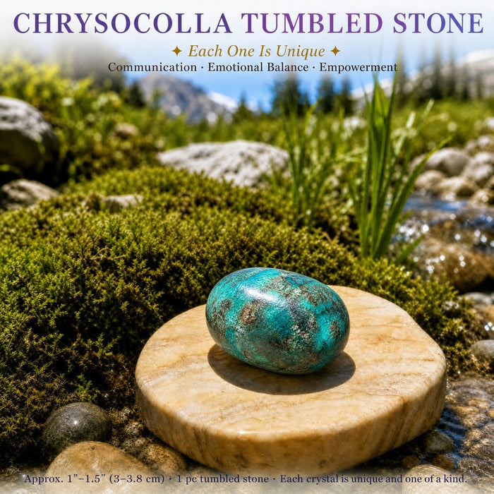 Blue-green chrysocolla tumbled stone on a stone slice