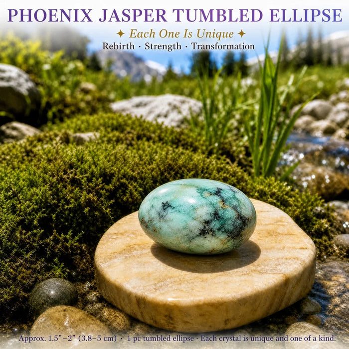 Aqua and dark veined phoenix jasper tumbled stone on a stone slice