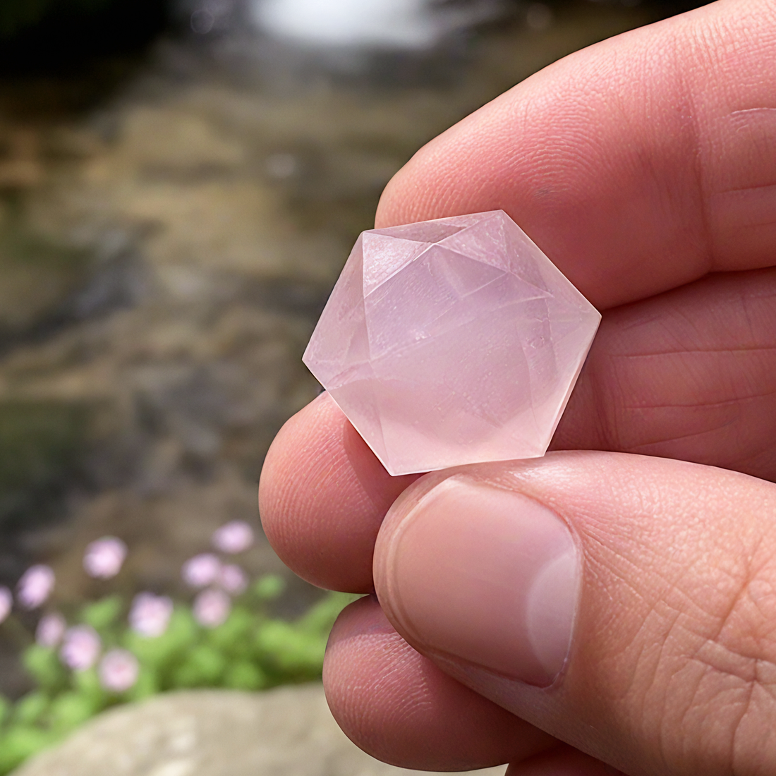 The faceted rose quartz held between thumb and fingertips, showing its size against the hand