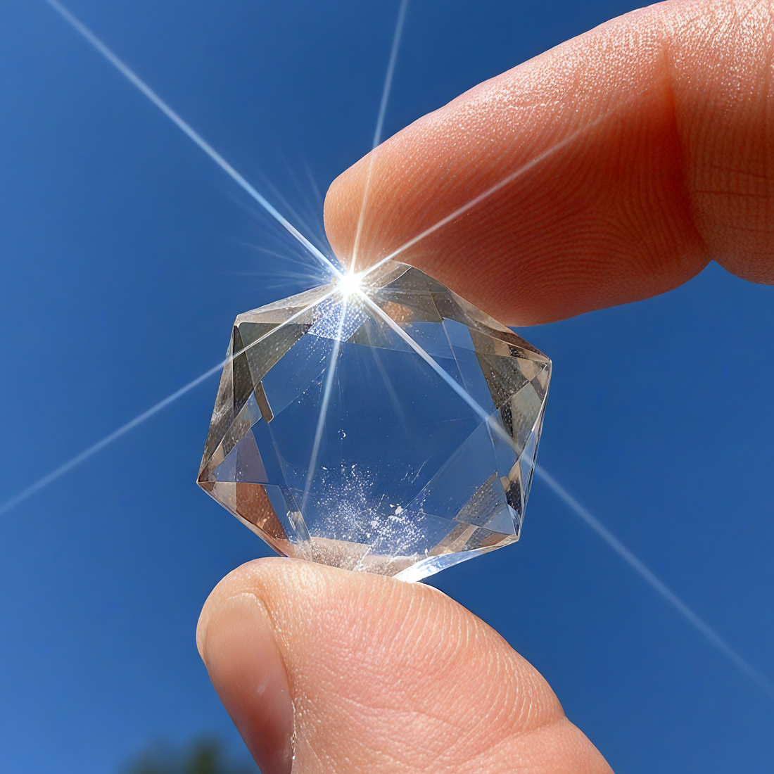 A faceted clear quartz crystal held between finger and thumb against a blue sky, with sunlight flashing off its facets