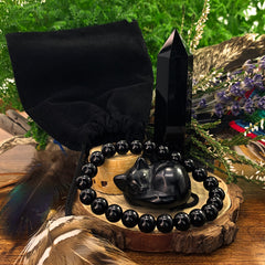 Spirit of Stillness – Obsidian & Agate Cat Totem Set