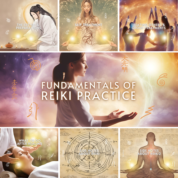 Module collage titled Fundamentals of Reiki Practice, with tiles on preparation, self-treatment and group treatments