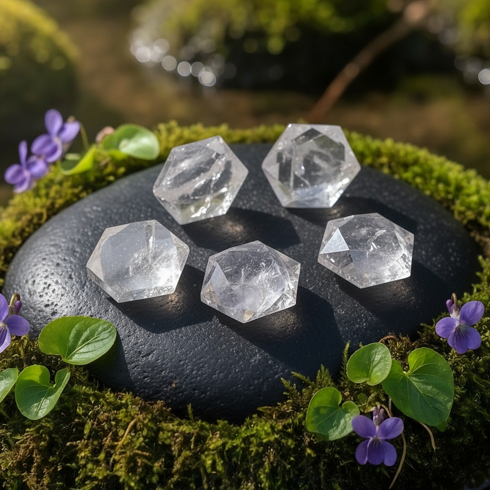 Five faceted clear quartz crystals, each with its own inner clarity, arranged on a dark stone ringed with moss and violets
