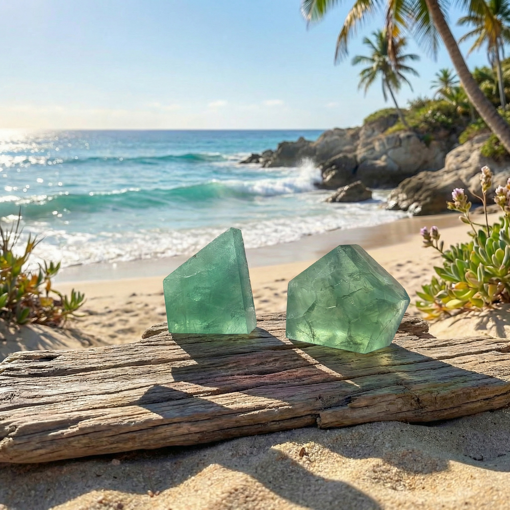 Two translucent green fluorite freeform chunks standing on driftwood on a sunny beach