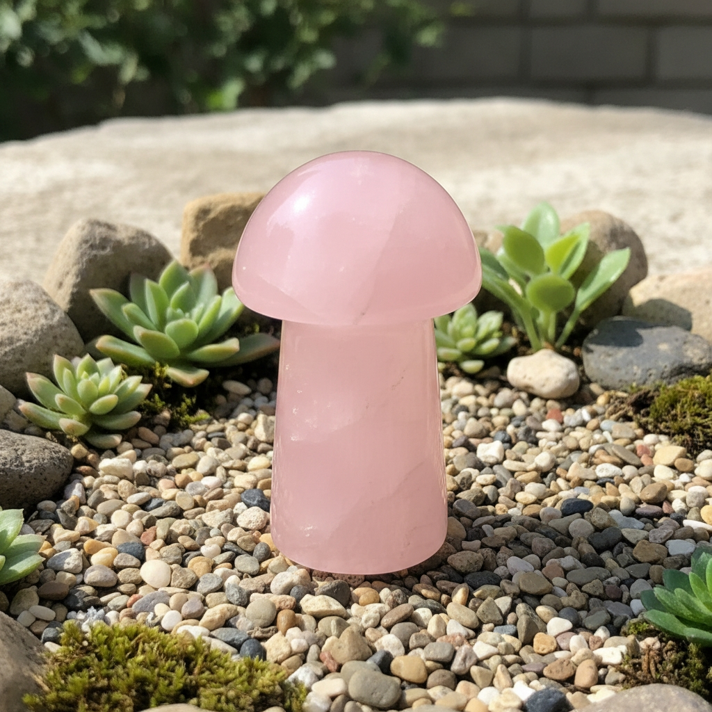 A soft pink rose quartz mushroom standing on gravel among succulents and stones in a sunny garden