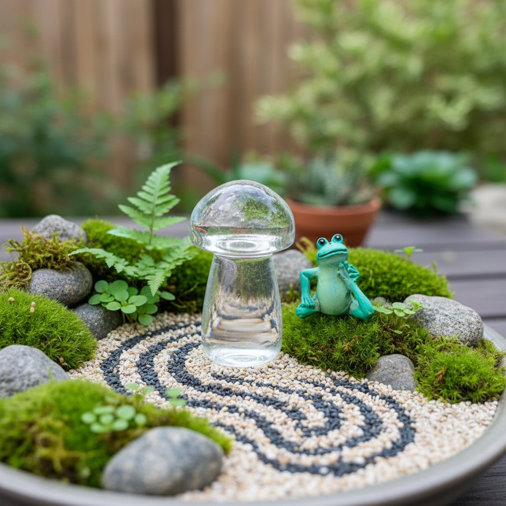The clear quartz mushroom in a miniature zen garden with moss, ferns, raked gravel and a small frog figurine
