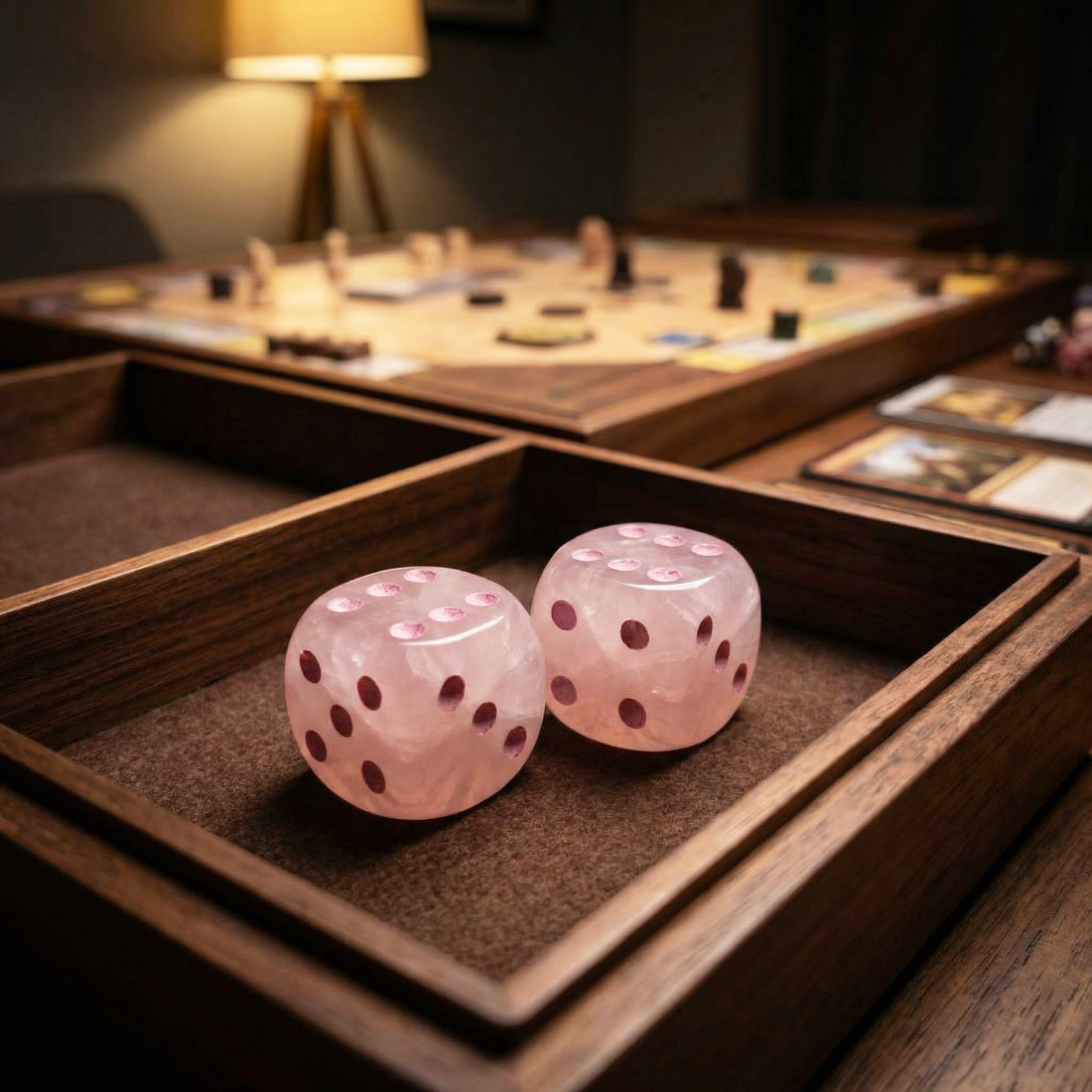 The two rose quartz dice rolled into a wooden dice tray by lamplight