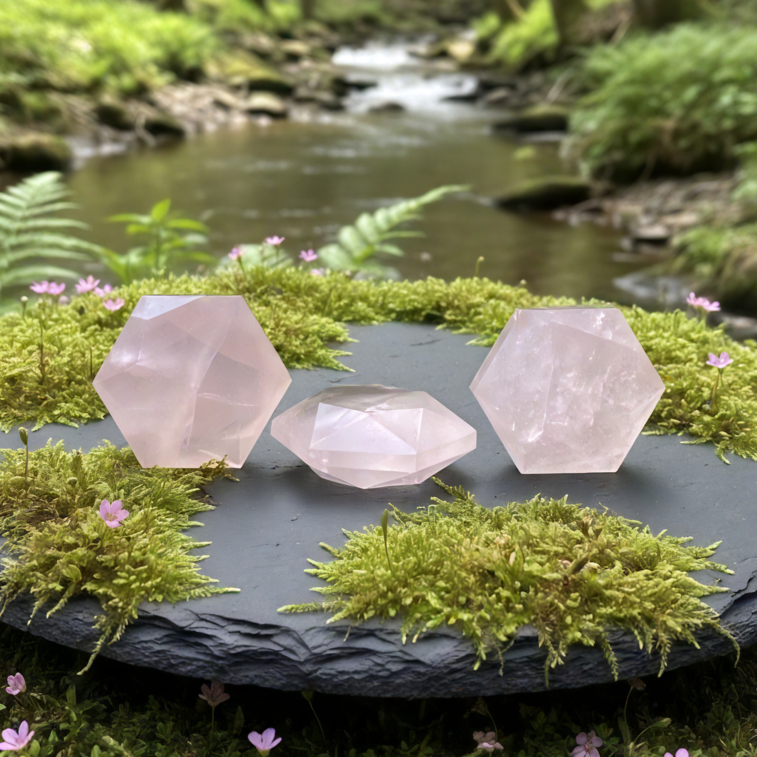 Three faceted rose quartz crystals on a mossy slate beside a stream, each with its own shade and inner veils