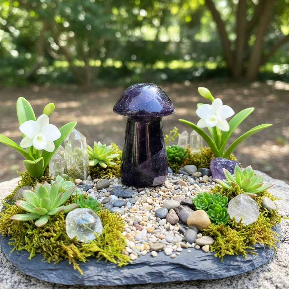The purple fluorite mushroom in a miniature garden on slate, with succulents, white orchids, moss, pebbles and small quartz points