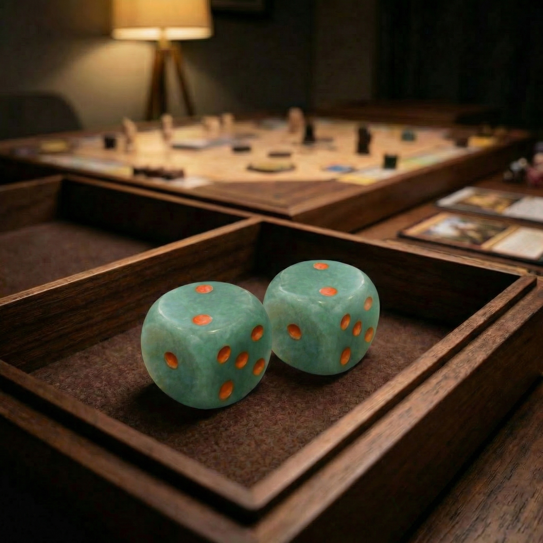 The two green aventurine dice rolled into a wooden dice tray by lamplight