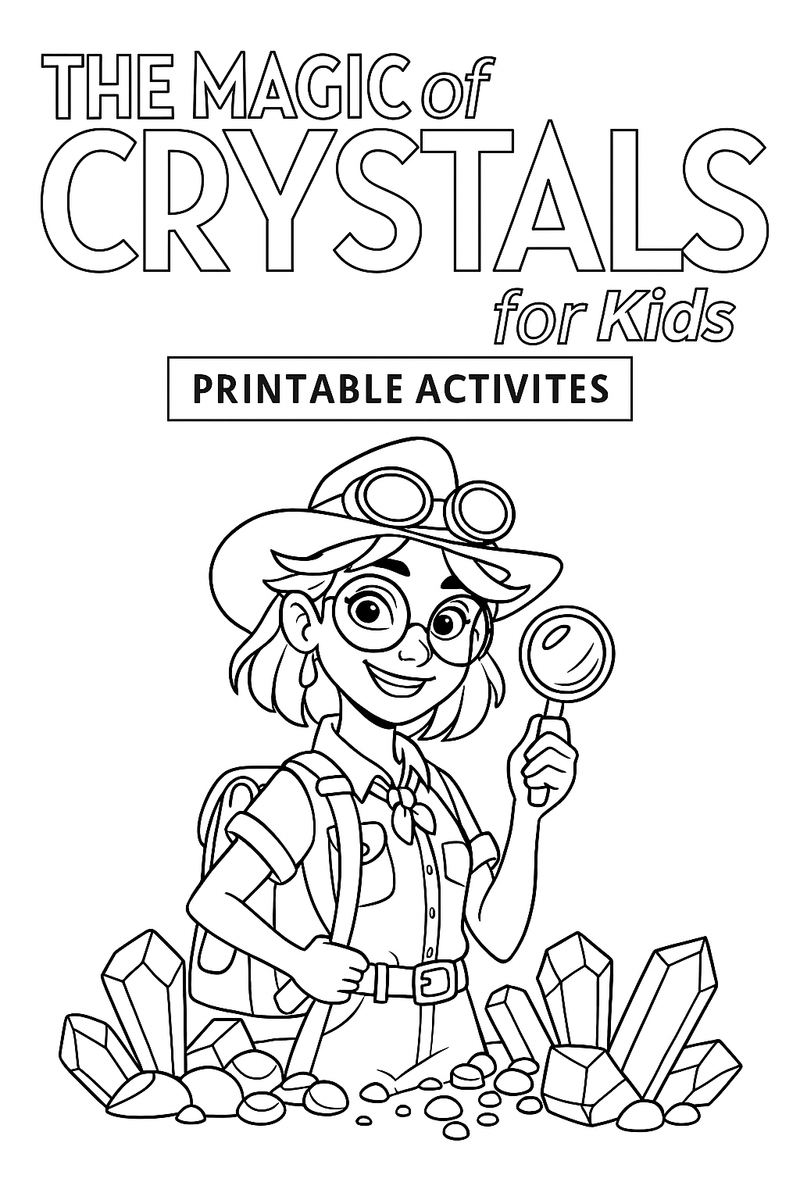 A printable coloring page of Professor Petra Stone among crystals, titled The Magic of Crystals for Kids Printable Activities