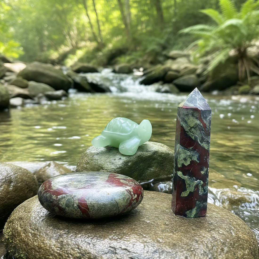 A dragon blood point, a dragon blood palmstone and a pale green aventurine turtle together on stream stones