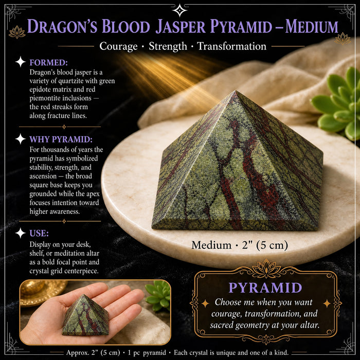 Medium dragon's blood jasper pyramid on a marble dish, with an inset of it resting in an open hand
