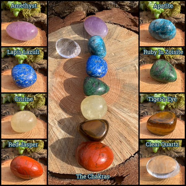 Juego de cristales caídos de 7 chakras MÁS cristal extra + bolsa