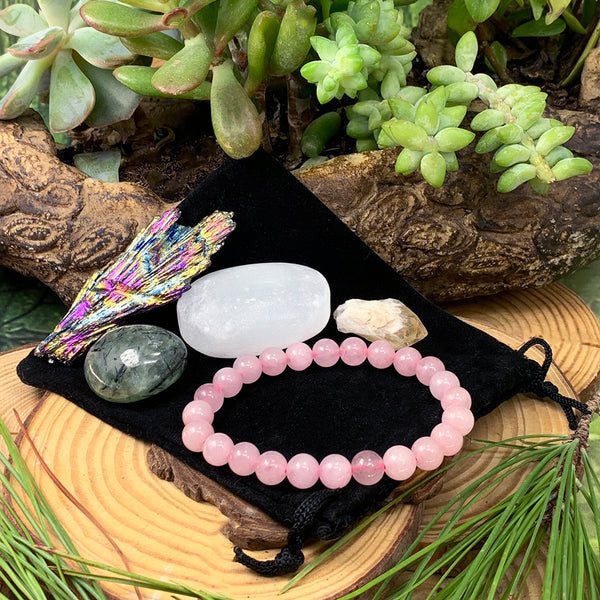 Rose Quartz Mala Armbånd Tranquility Pouch Sæt