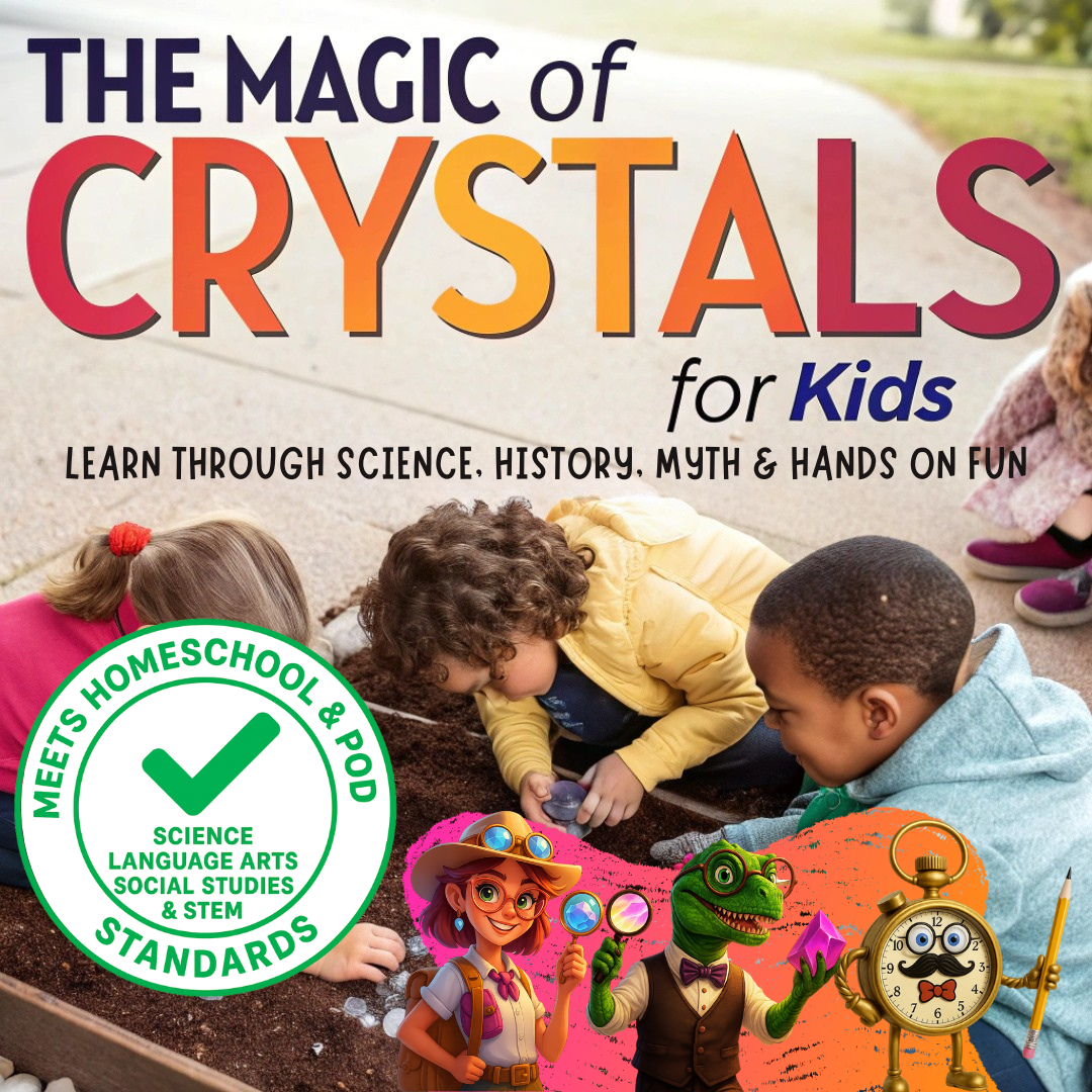 Children digging for crystals in a garden bed beside the three course professors and a homeschool standards badge