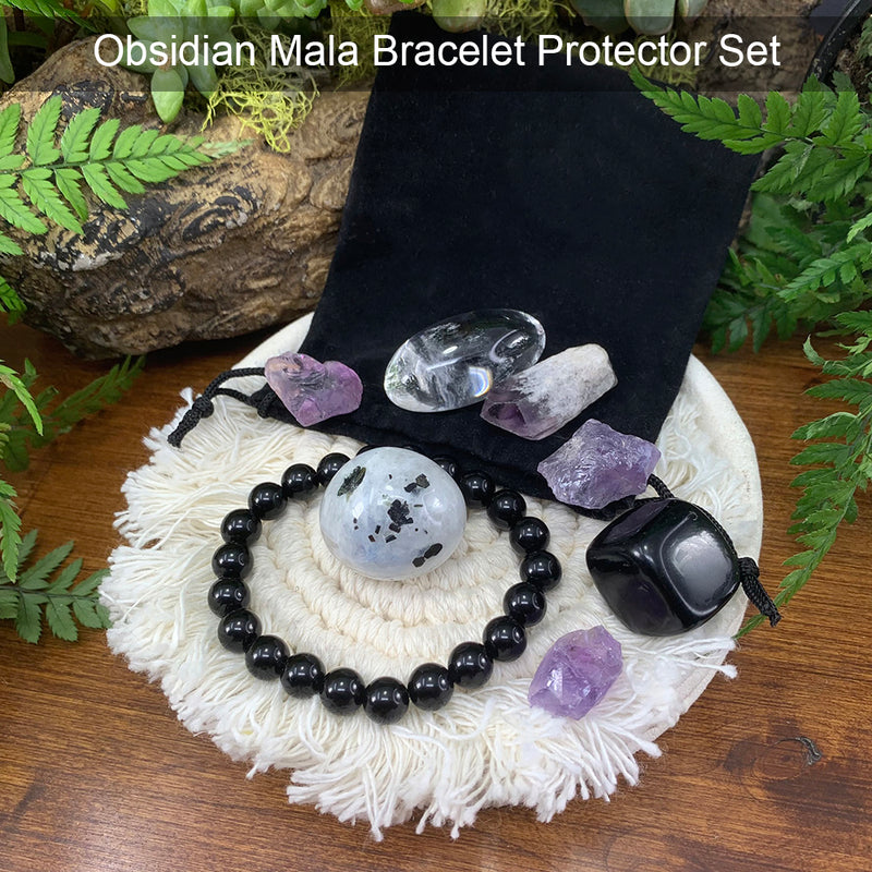 Obsidian Mala Bracelet Protector Pouch Set