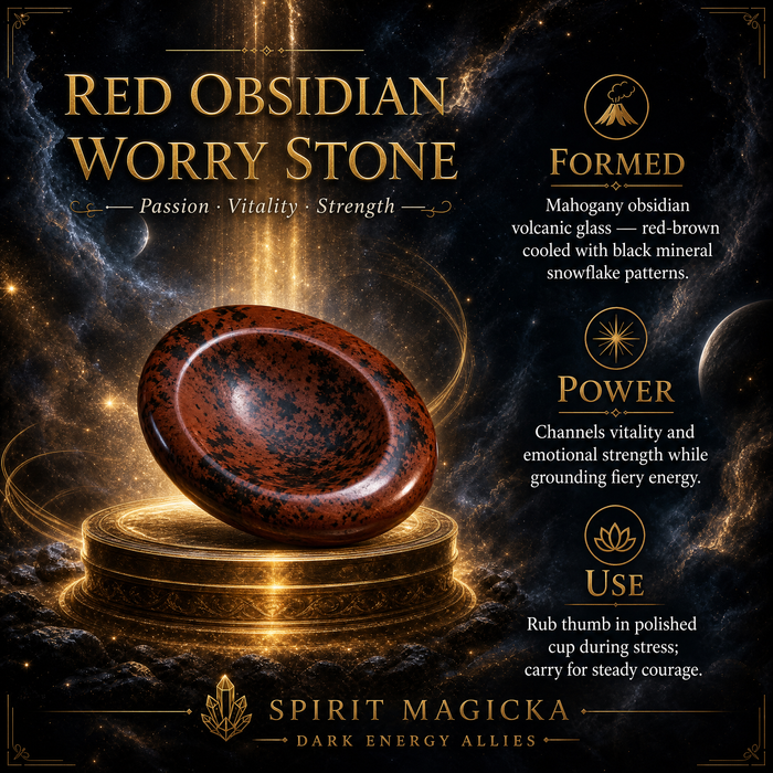Oval red obsidian worry stone with a polished thumb hollow, red-brown with black snowflake patterning