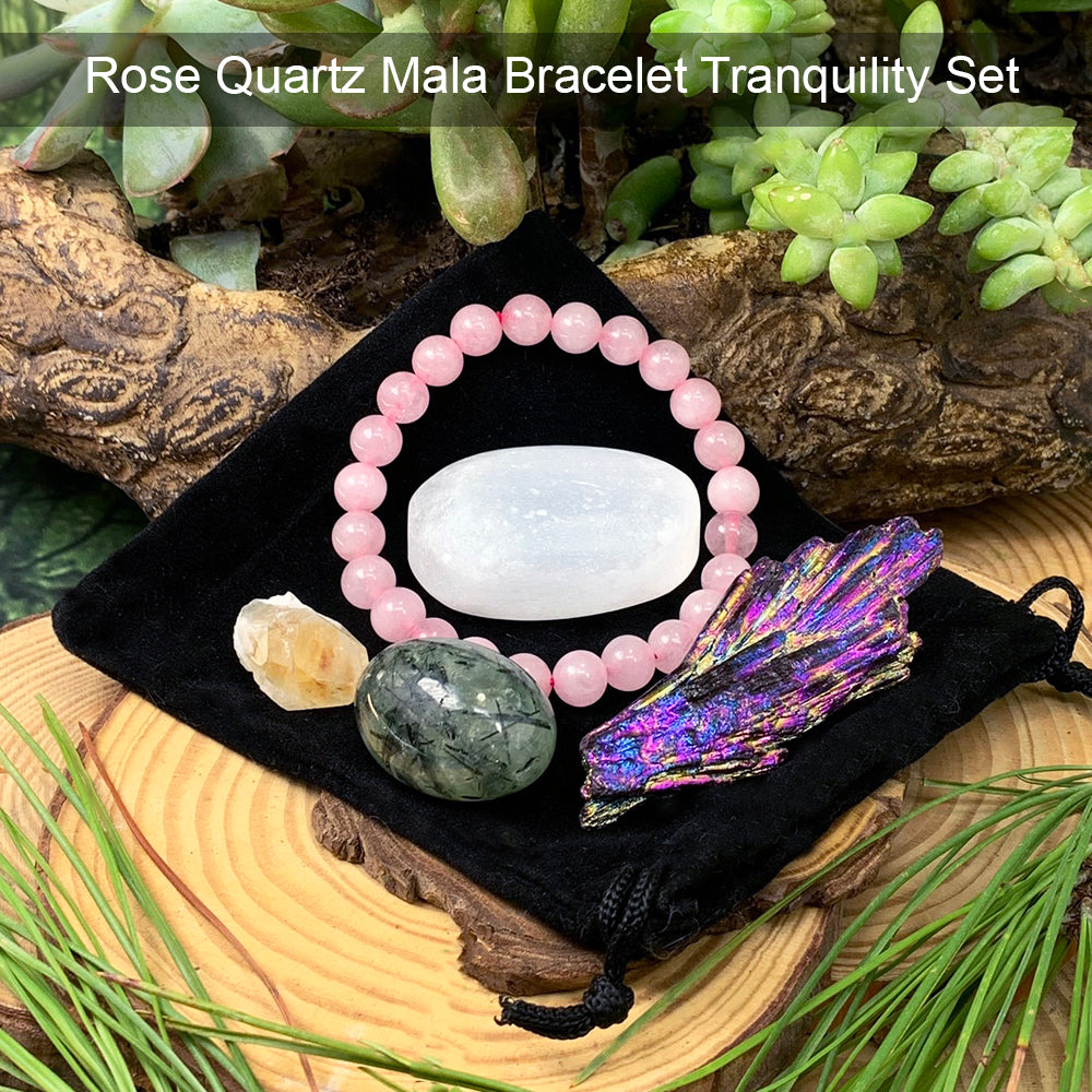 Conjunto de bolsa de tranquilidad de pulsera Mala de cuarzo rosa