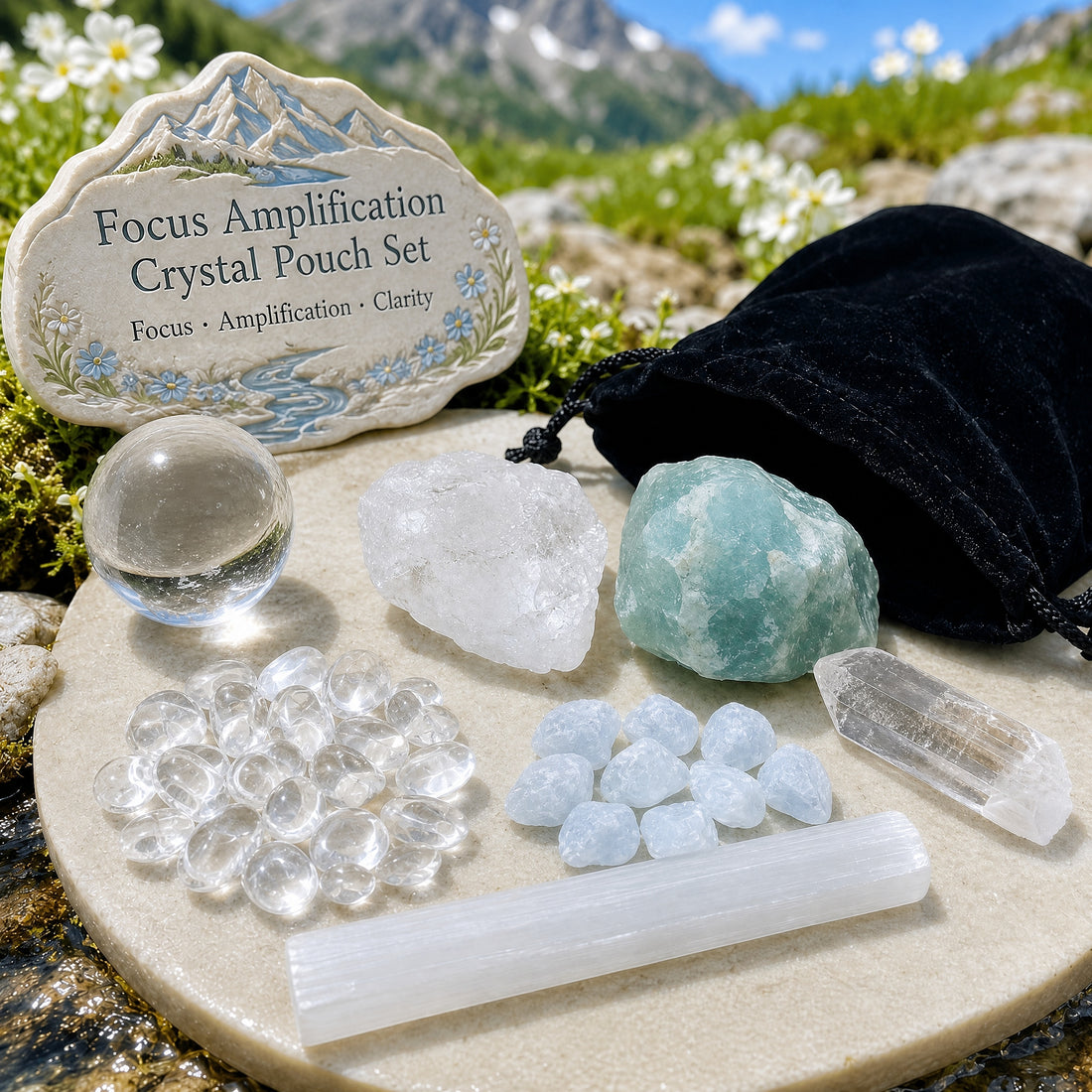 Clear quartz sphere, rough clear quartz, rough fluorite, a quartz shard, a selenite stick, clear quartz and celestite mini gemstones and a black velvet pouch laid out on a stone tray
