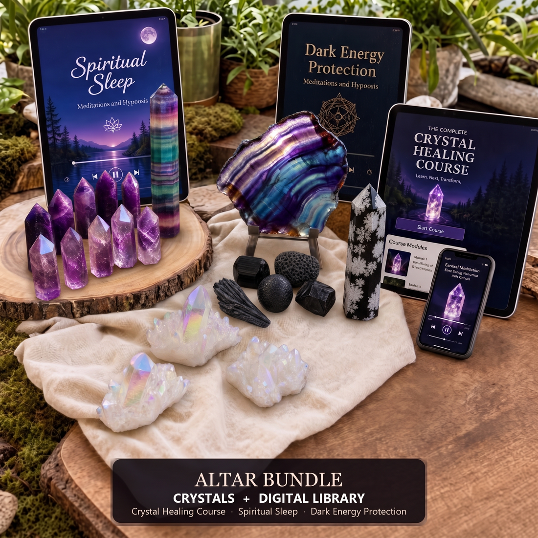 Rainbow Fluorite Crystal Bundle Kit + Courses, Meditations & Hypnosis