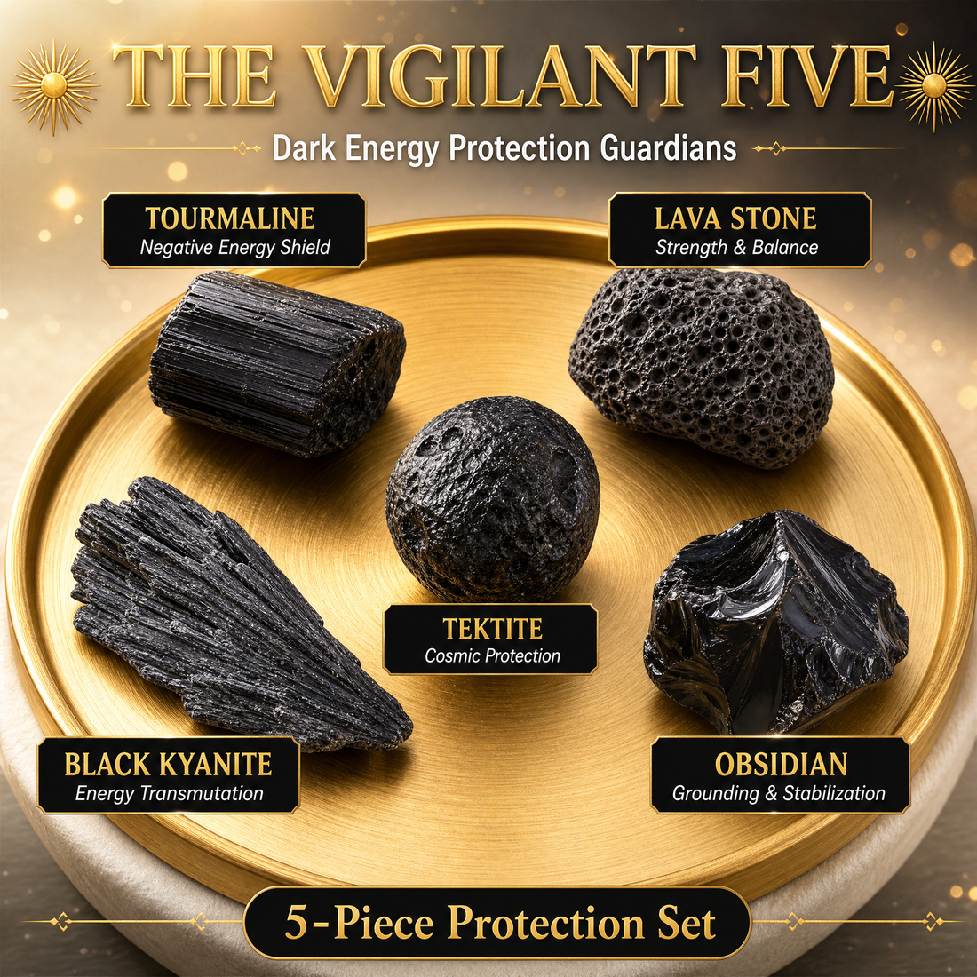 The five stones of the set on a gold tray: black tourmaline, lava stone, tektite, black kyanite fan and obsidian, each labelled