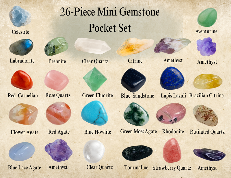 Mini juego de bolsillo de piedras preciosas de 26 piezas (+ bolsa de transporte de terciopelo)