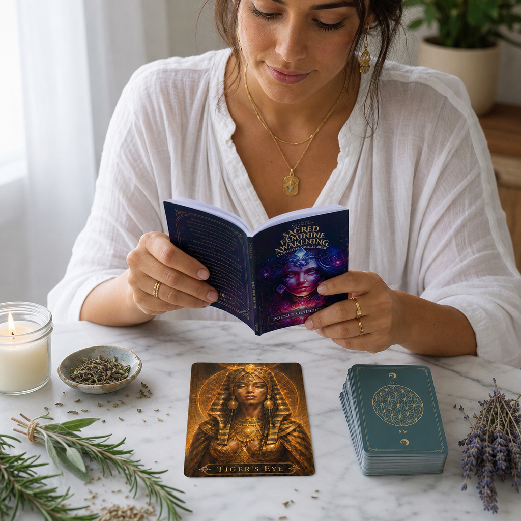 A woman reading the Sacred Feminine Awakening pocket guidebook with the Tiger Eye card and the rest of the deck on the table