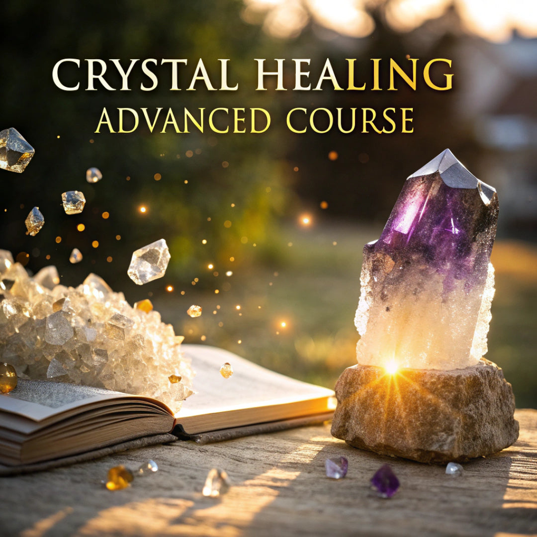 A glowing amethyst point on a rock beside an open book and scattered quartz, titled Crystal Healing Advanced Course