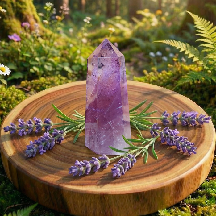Pale purple amethyst point standing on a wood slab with lavender sprigs