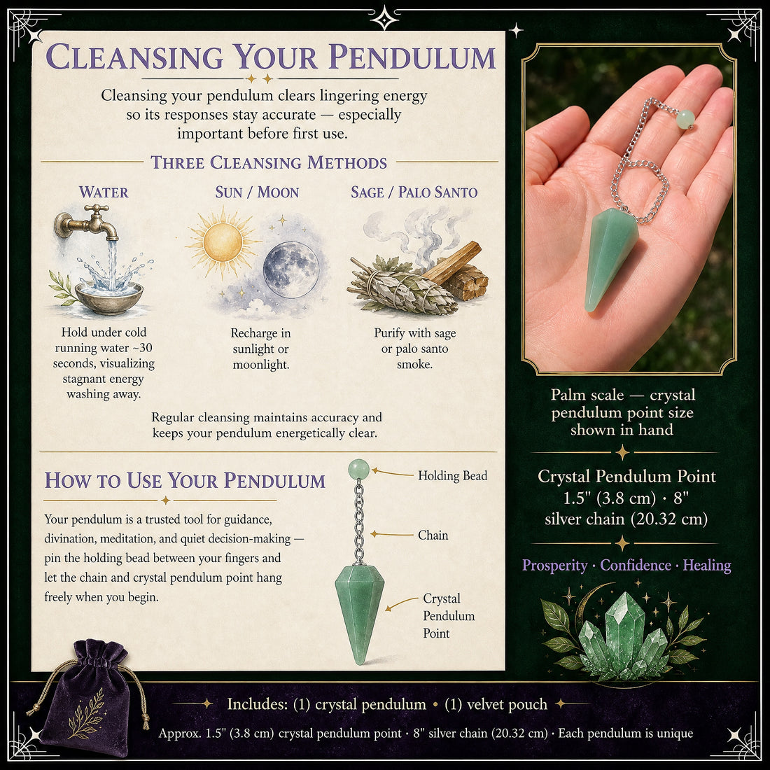 The green aventurine pendulum lying in an open palm beside a labelled diagram of its holding bead, chain and crystal point, with its velvet pouch