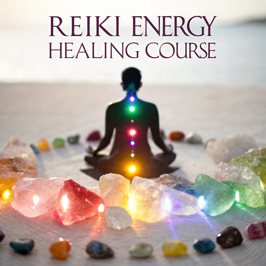 A meditating silhouette with glowing chakra points, surrounded by a circle of colorful raw crystals