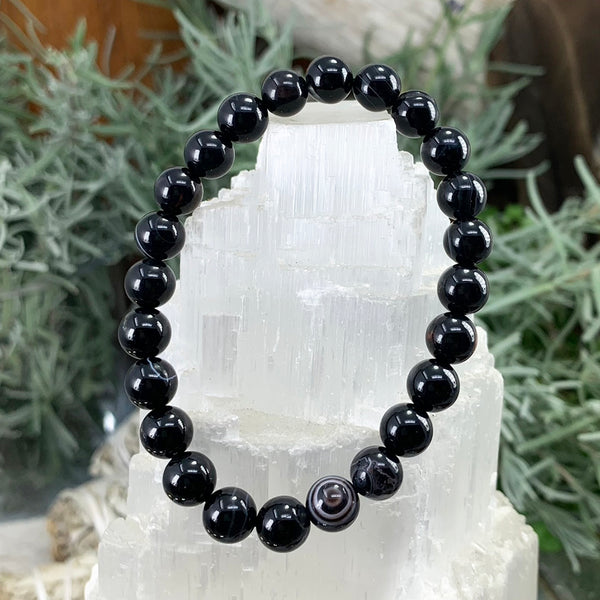 Mala Black Agate Bracelet With Velvet Pouch