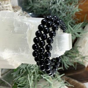 Mala-Armband aus schwarzem Obsidian mit Samtbeutel