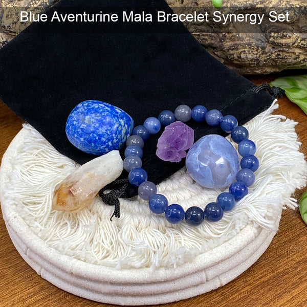 Blaues Aventurin-Mala-Armband-Synergy-Beutel-Set