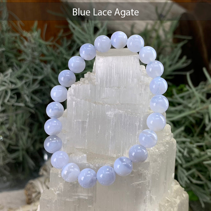 Blue lace agate bead bracelet on a selenite tower